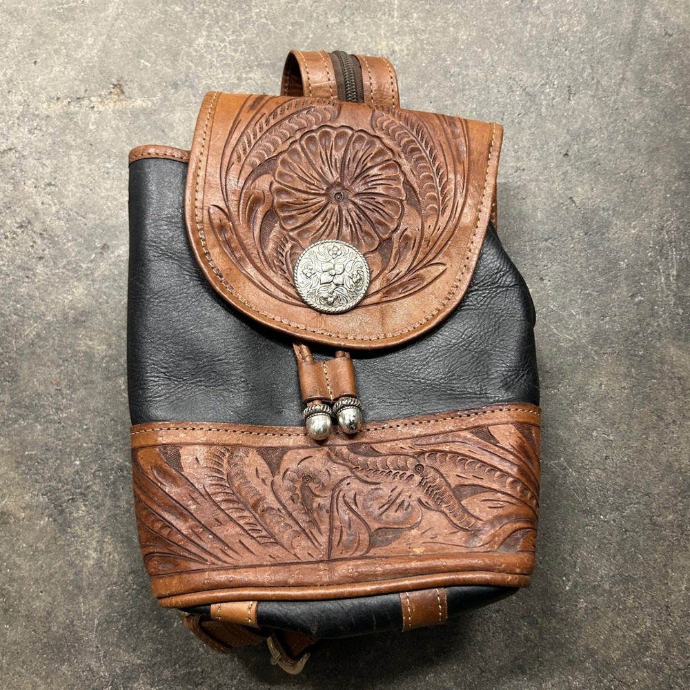 Force Ten West Mini Backpack Womens Brown Black Hand Tooled Leather Western Boho